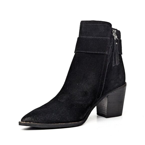 Sam Edelman Women Leonia Western Buckle Stack Heel Black Suede Boots sz 8 - Picture 3 of 9